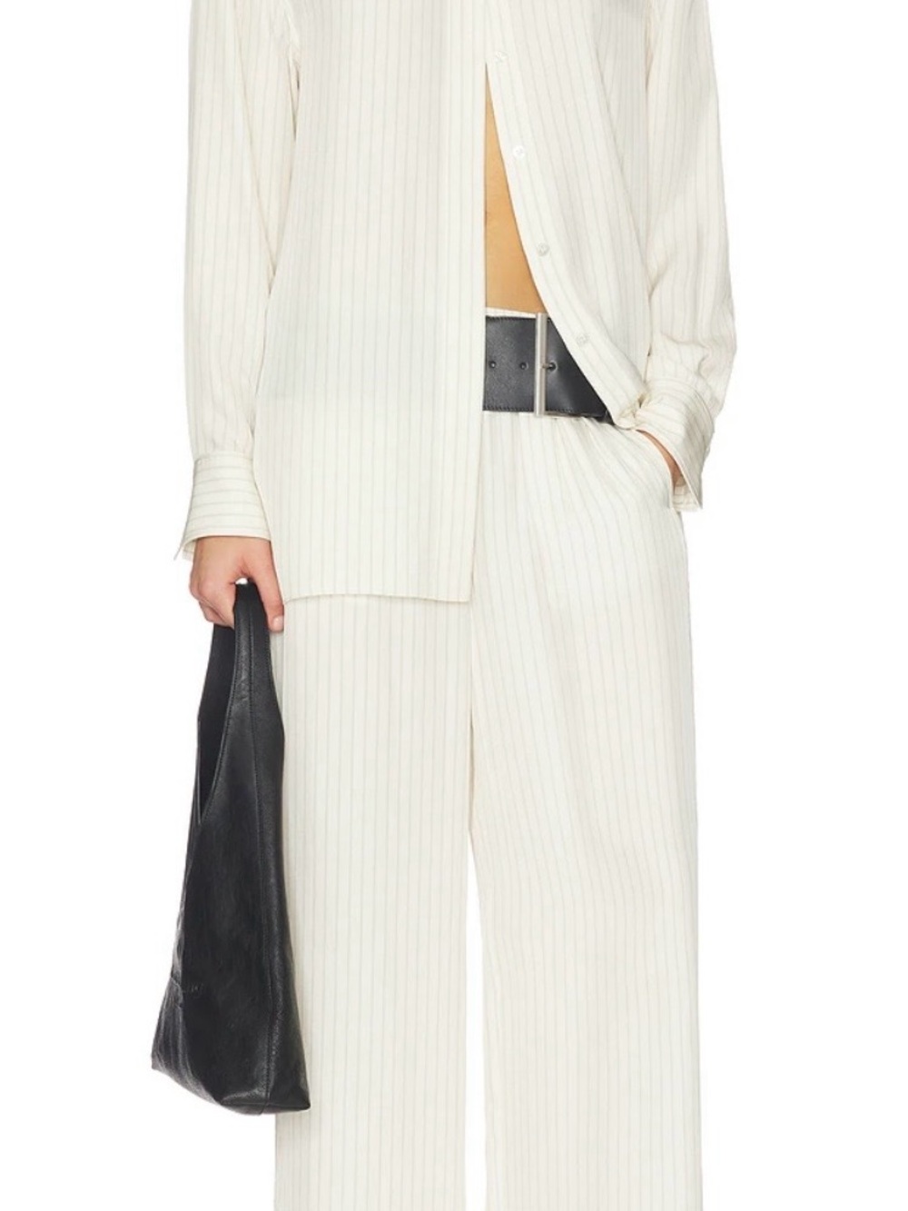 Theory Cream Pinstripe Wide-Leg Trouser and Hi Lo Flo Shirt Rice Wash Stripe P/S